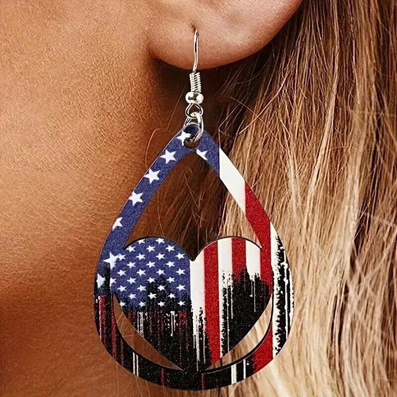 US Flag Pattern Wooden Earrings Multicolor One Size