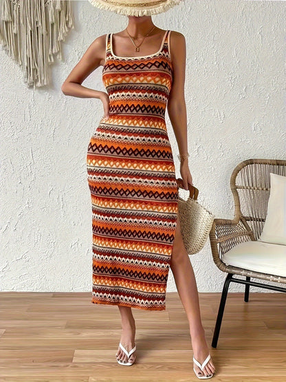 Full Size Slit Square Neck Wide Strap Midi Dress Caramel