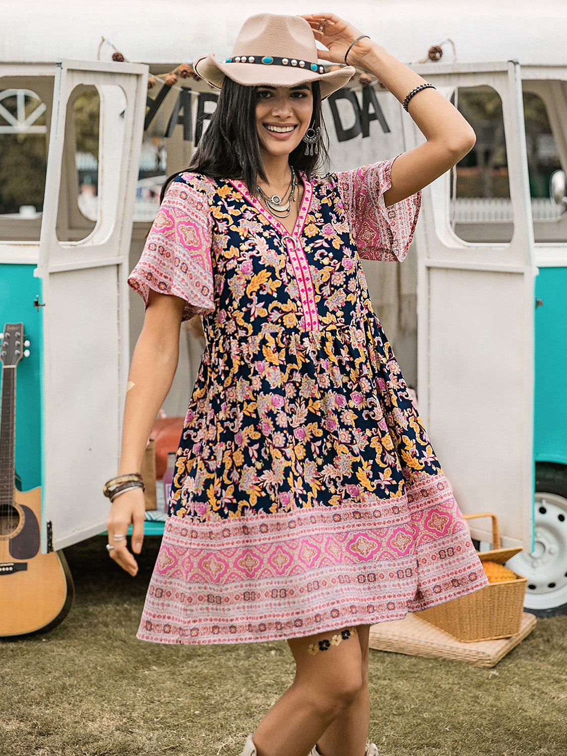 Printed V-Neck Short Sleeve Dress Blush Pink