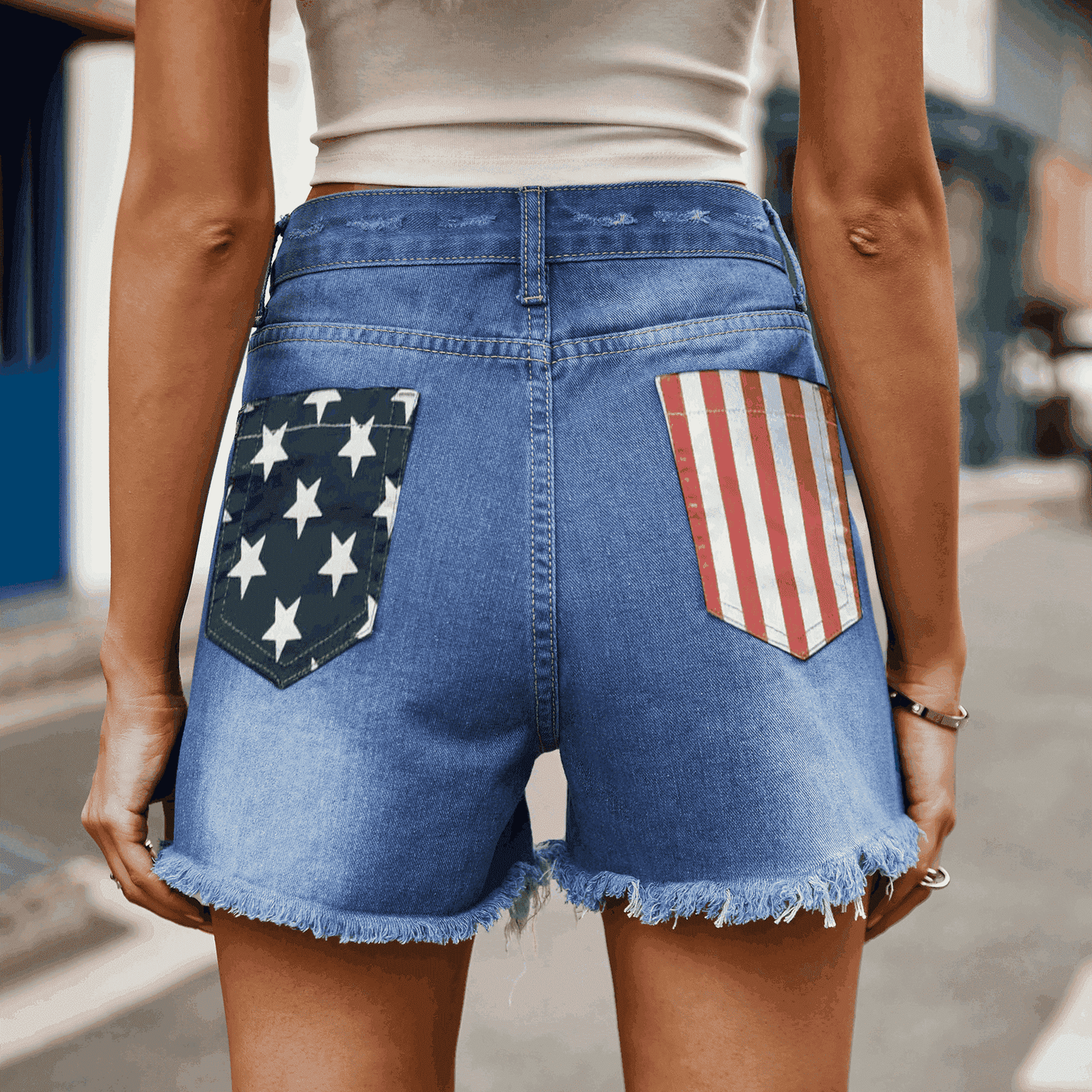 US Flag Distressed Denim Shorts Medium