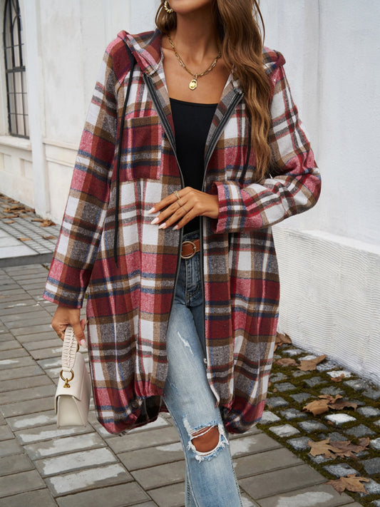 Devine Plaid Zip Up Hooded Coat Scarlet