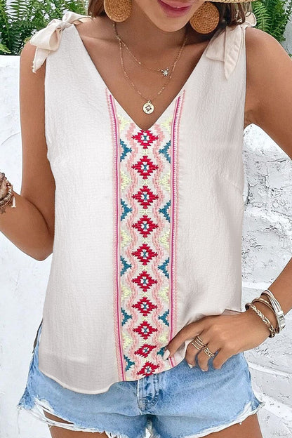 Printed V-Neck Tie Shoulder Tank White