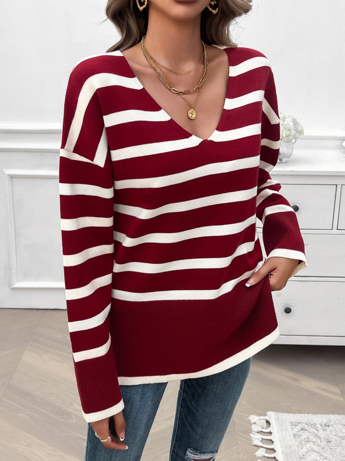 Striped V-Neck Sweater Burgundy