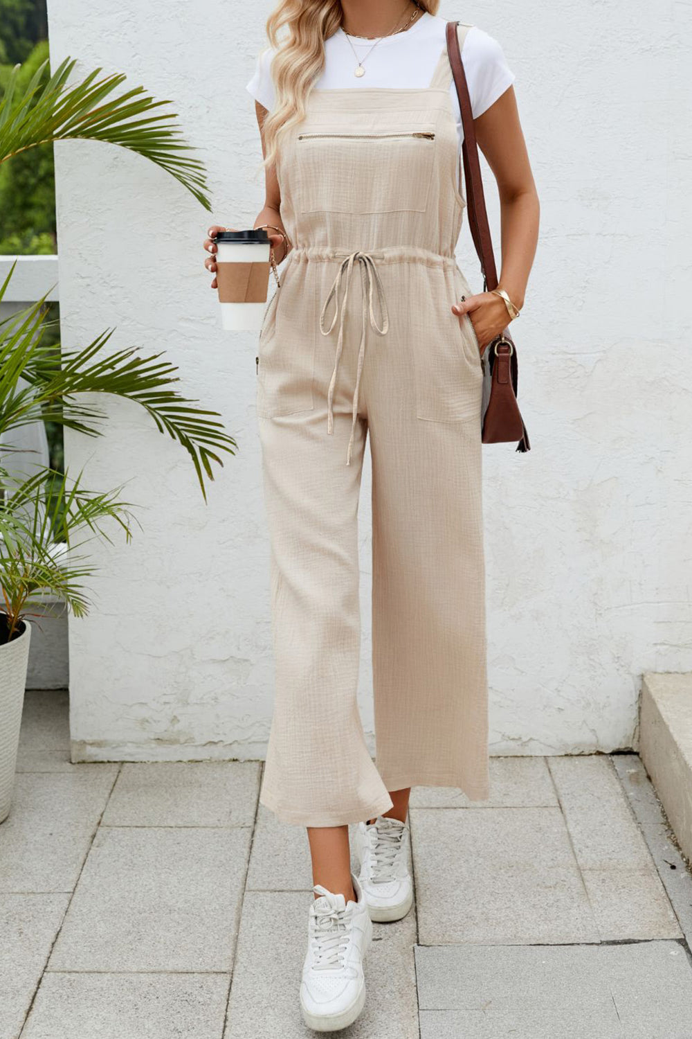 Drawstring Wide Strap Jumpsuit with Pockets Cream