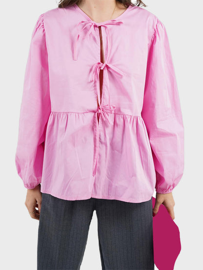 Tied Round Neck Long Sleeve Blouse Blush Pink