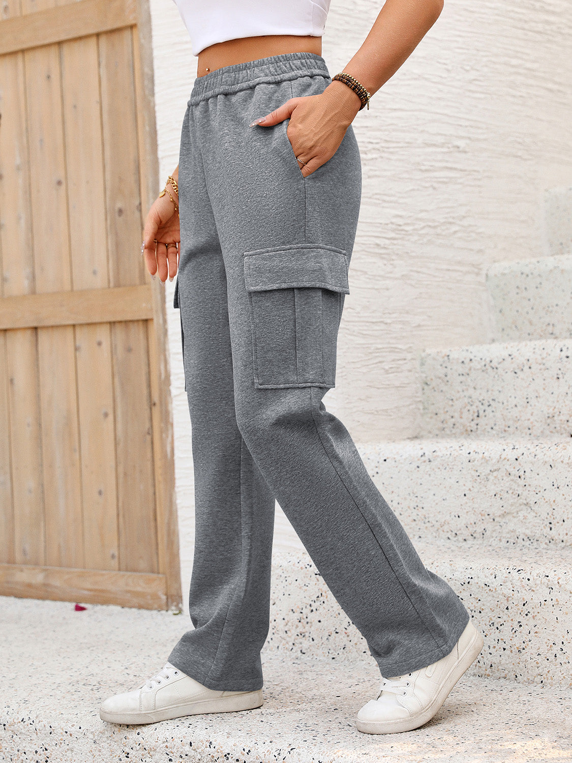 Elastic Waist Pants with Pockets Dark Gray