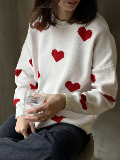 Heart Round Neck Dropped Shoulder Sweater White One Size