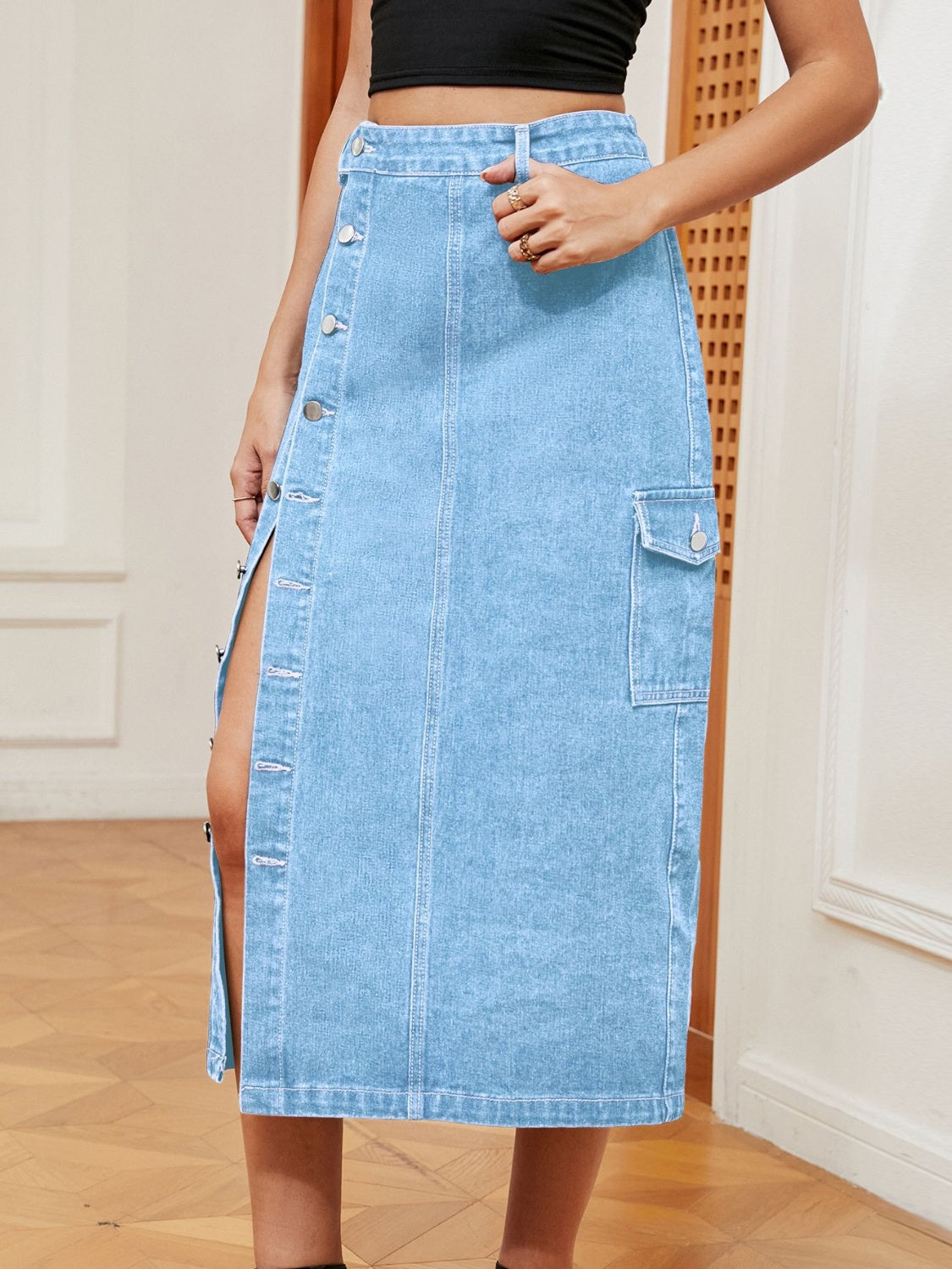 Button Down Midi Denim Skirt Light XL