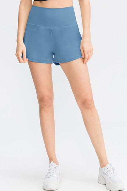 Wide Waistband Sports Shorts with Pockets Light Blue