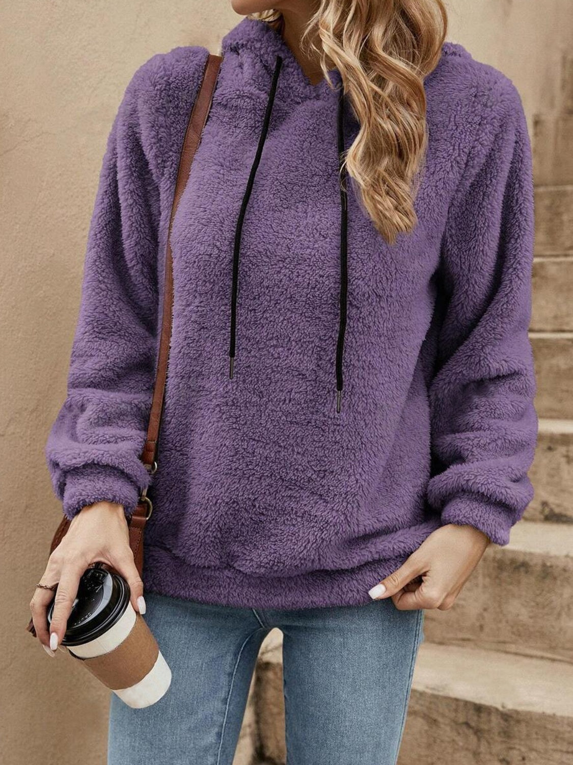 Drawstring Long Sleeve Fuzzy Hoodie Violet