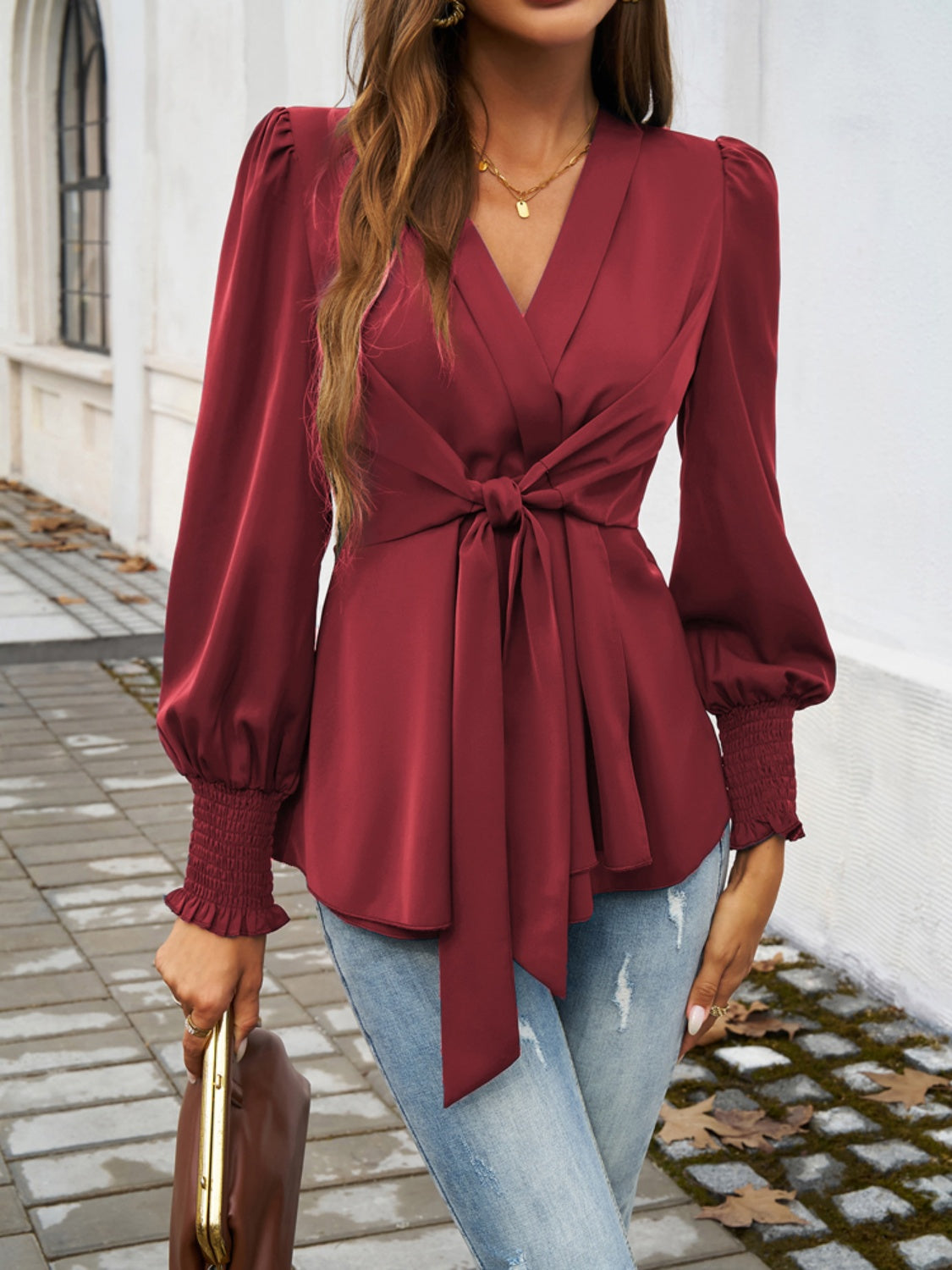 Smocked Surplice Long Sleeve Blouse Burgundy