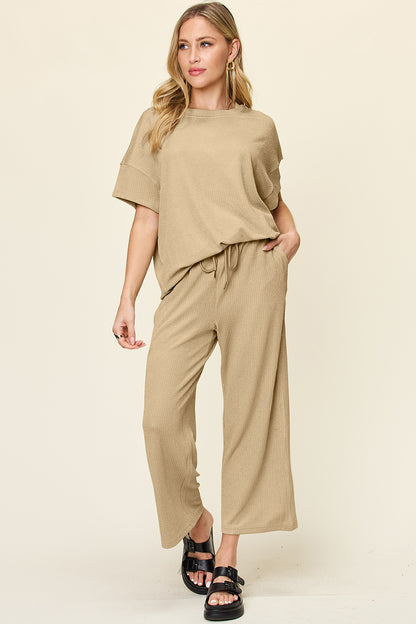 Textured Knit Top and Wide Leg Pant Set Khaki