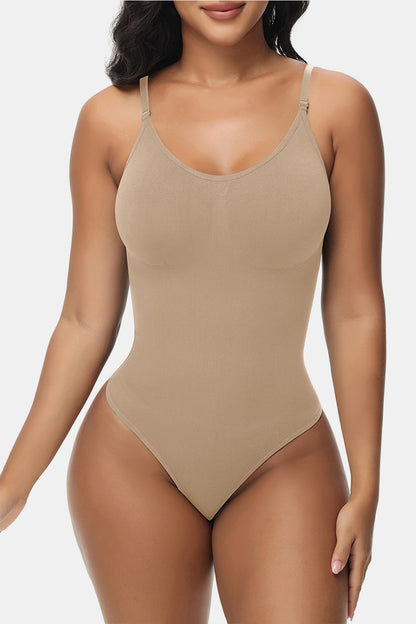 Spaghetti Strap Tummy Control Bodysuit Beige Thong