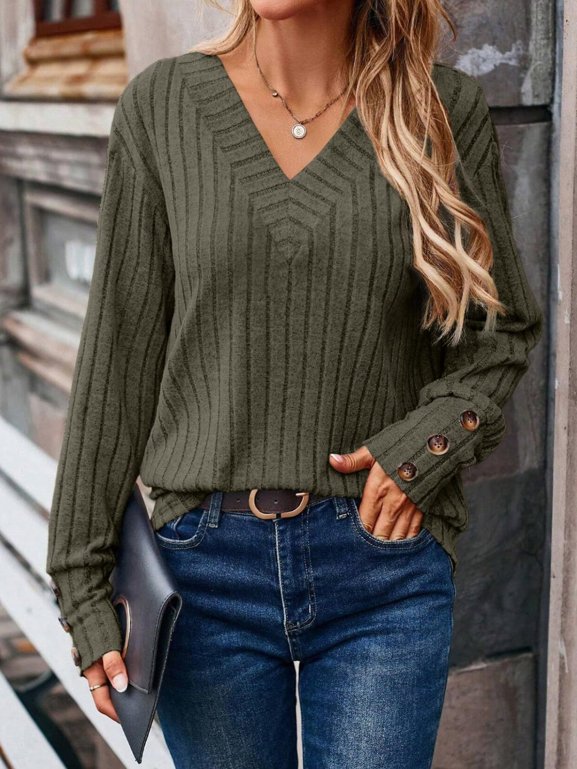 Ribbed V-Neck Long Sleeve T-Shirt Army Green