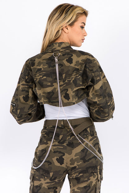 Women's Camo Crop Jacket with Chain Detail