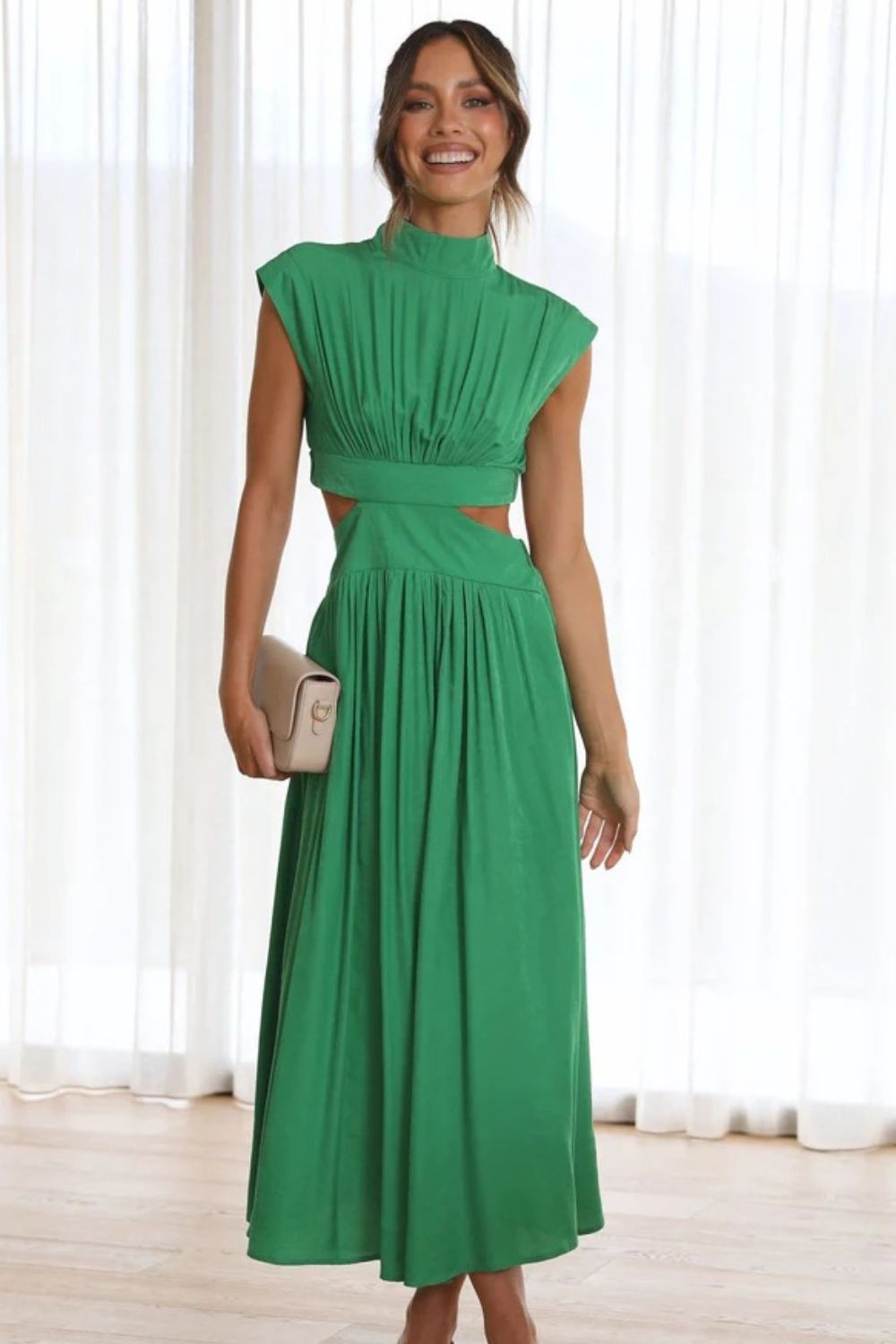 Elegant Cutout Mock Neck Sleeveless Dress Green