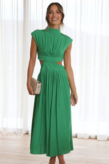 Elegant Cutout Mock Neck Sleeveless Dress Green