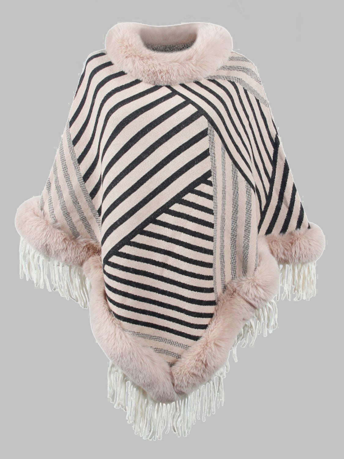 Striped Fringe Hem Poncho Dust Storm One Size