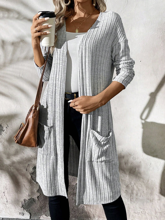 Ribbed Open Front Long Sleeve Cardigan with Pockets Gray