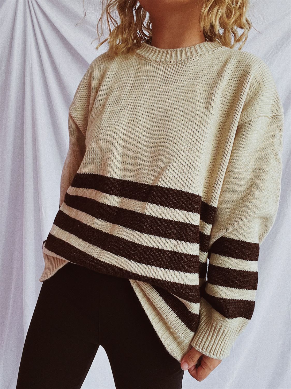 Striped Dropped Shoulder Long Sleeve Sweater Tan One Size