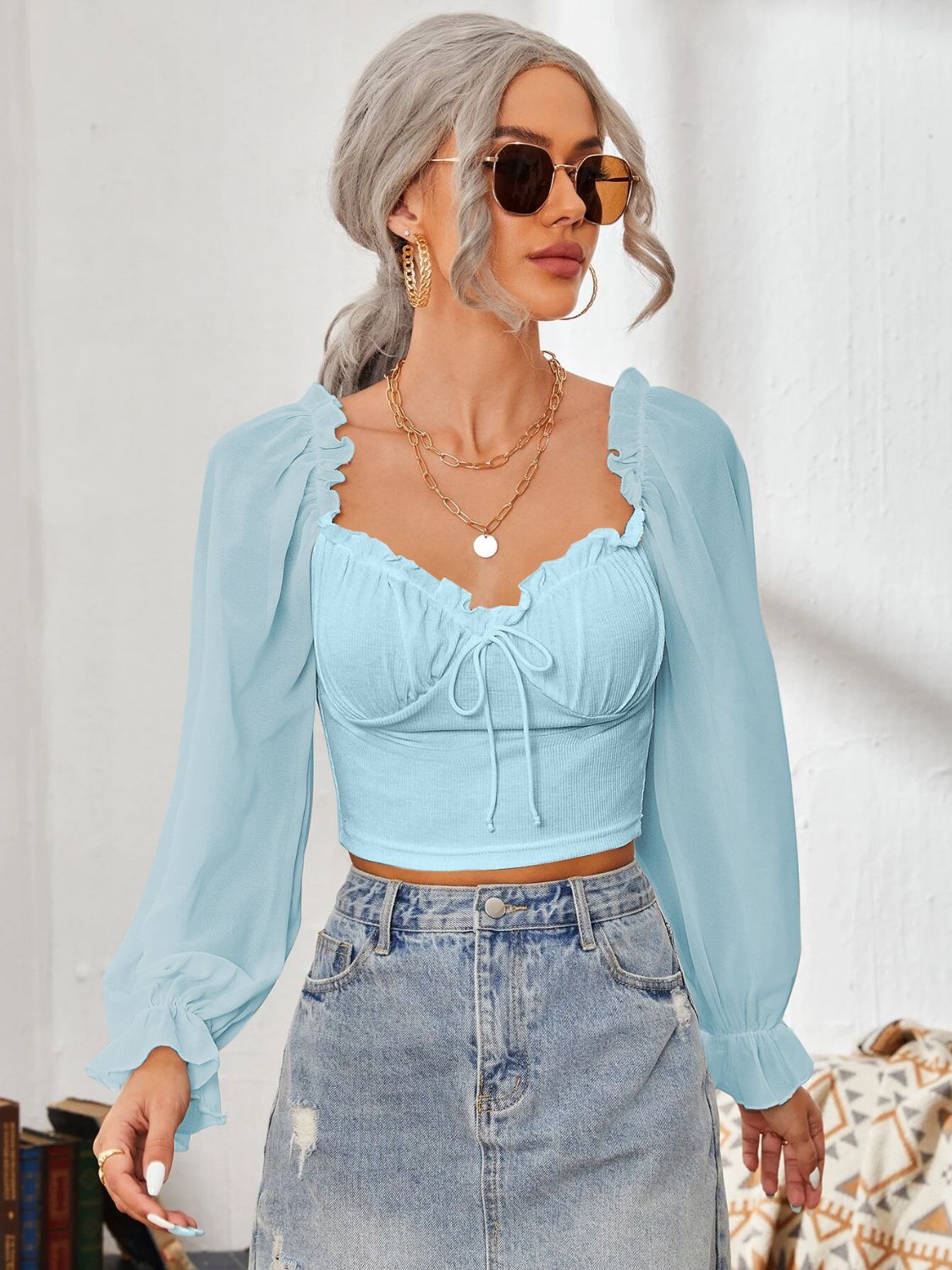 Mesh Sweetheart Neck Flounce Sleeve Top Pastel Blue