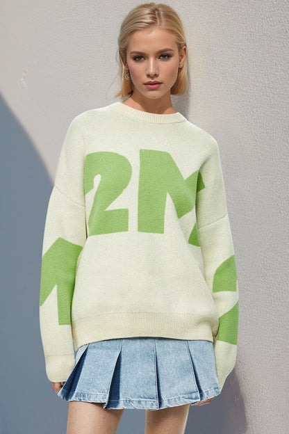 Basic Bae Contrast Letter Round Neck Long Sleeve Sweater Lime One Size