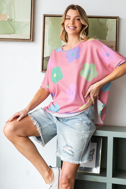 HOPELY Full Size Floral Round Neck Side Slit Waffle T-Shirt Pink