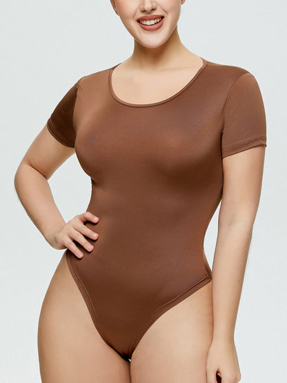 Full Size Round Neck Short Sleeve Bodysuit Coffee Brown