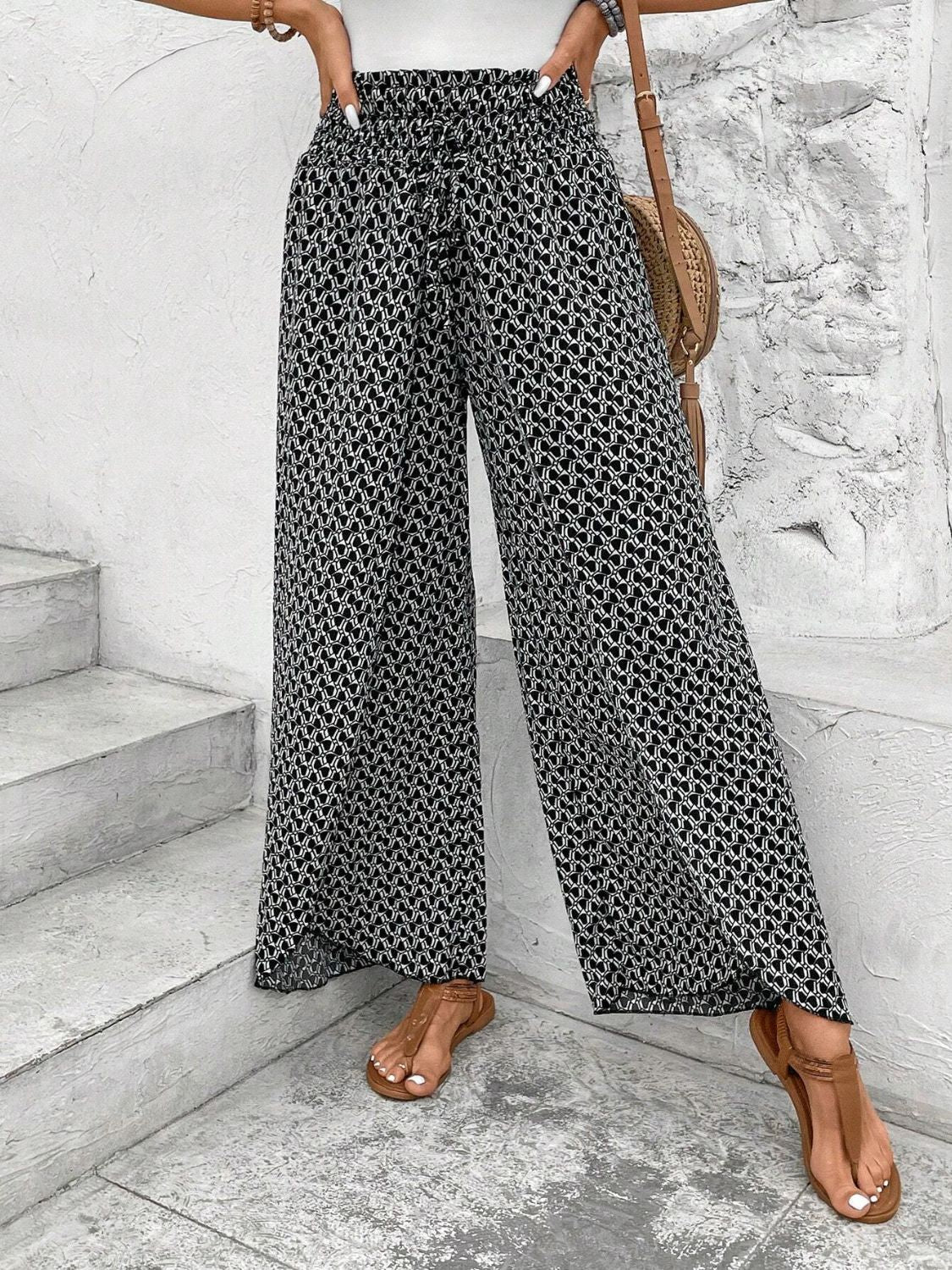 Tied Printed Wide Leg Pants Black