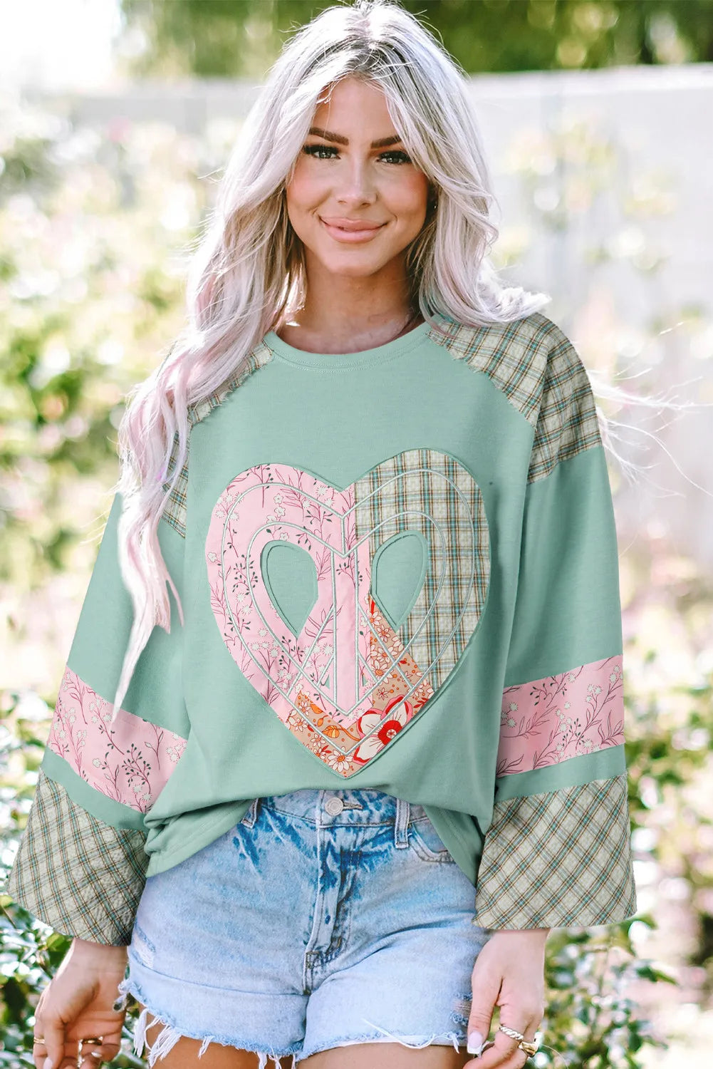 Heart Plaid Round Neck Long Sleeve Blouse Gum Leaf