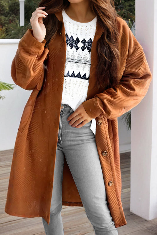 Textured Button Down Collared Neck Coat Caramel