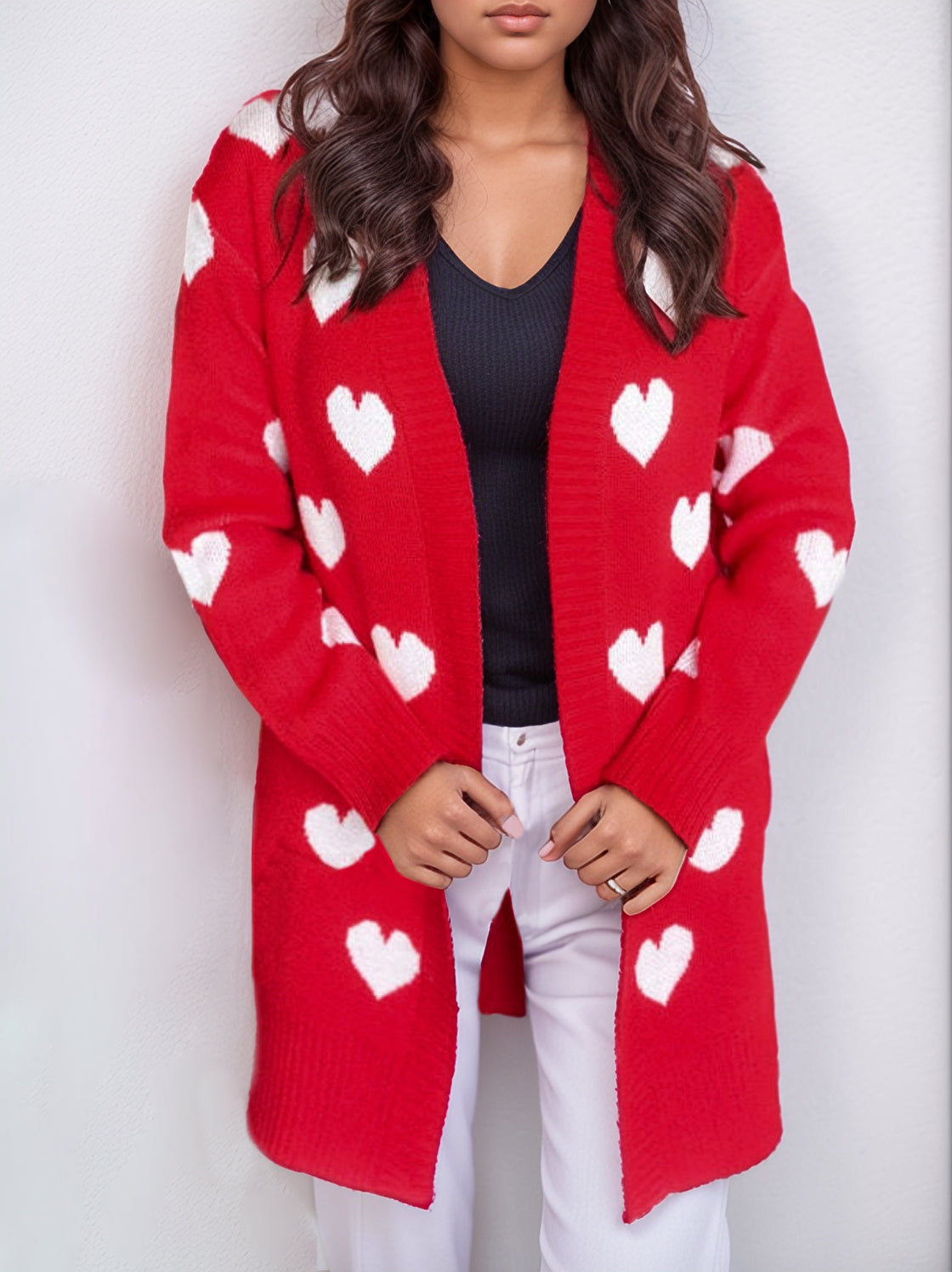 Heart Open Front Long Sleeve Cardigan Red One Size