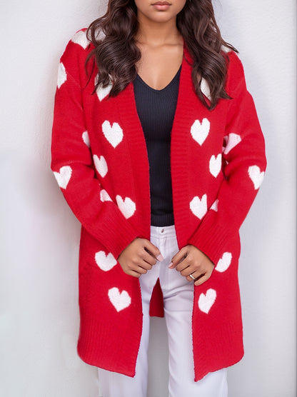 Heart Open Front Long Sleeve Cardigan Red One Size