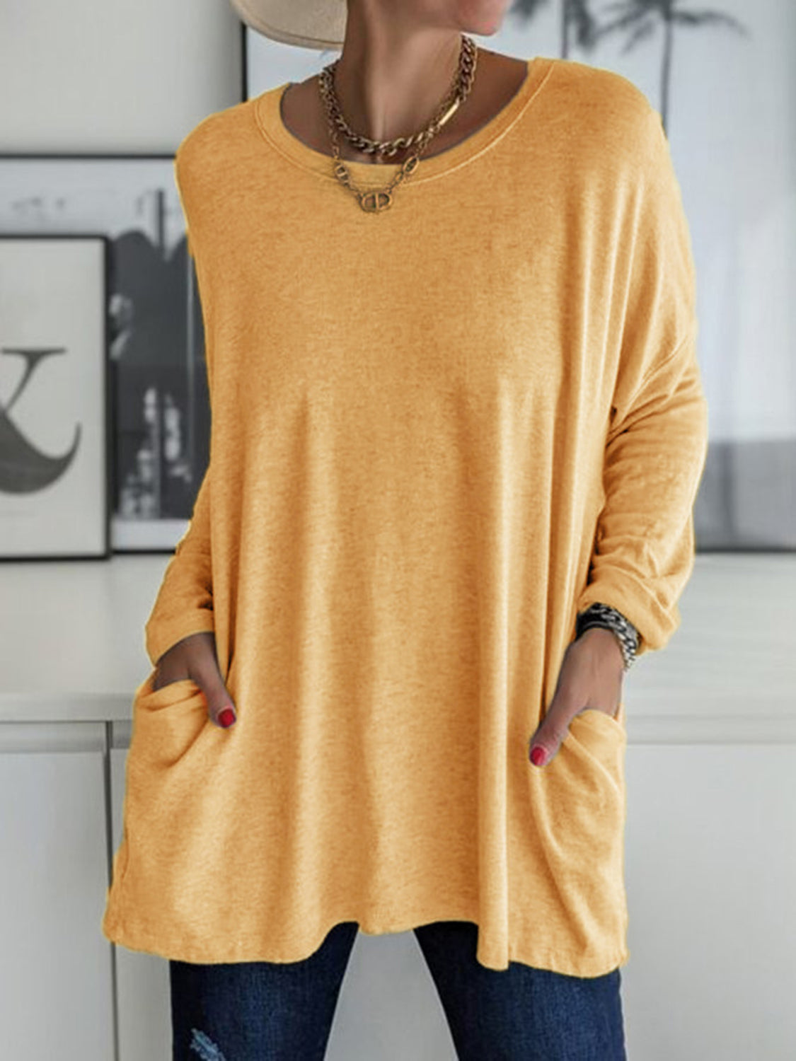 Full Size Round Neck Long Sleeve T-Shirt Gold