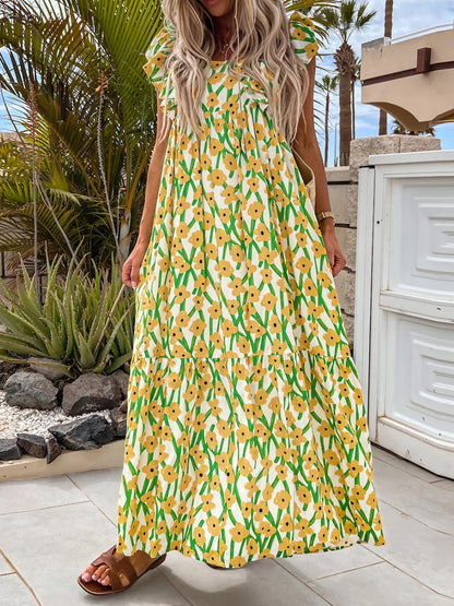 Printed Ruffle Midi Dress Yellow Green