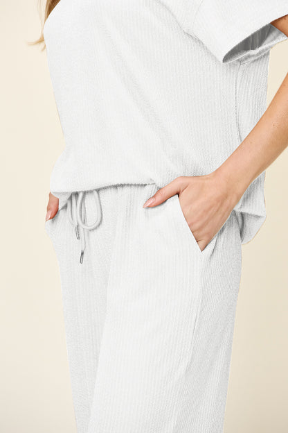 Textured Knit Top and Wide Leg Pant Set