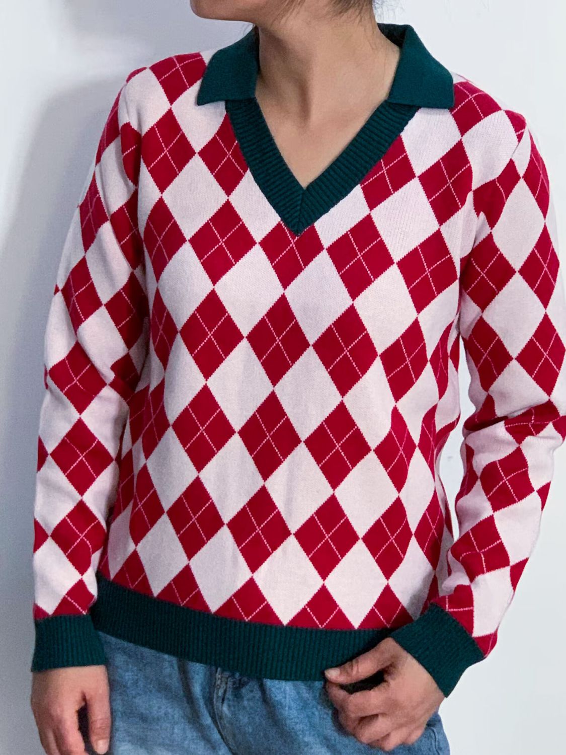 Geometric Johnny Collar Long Sleeve Sweater