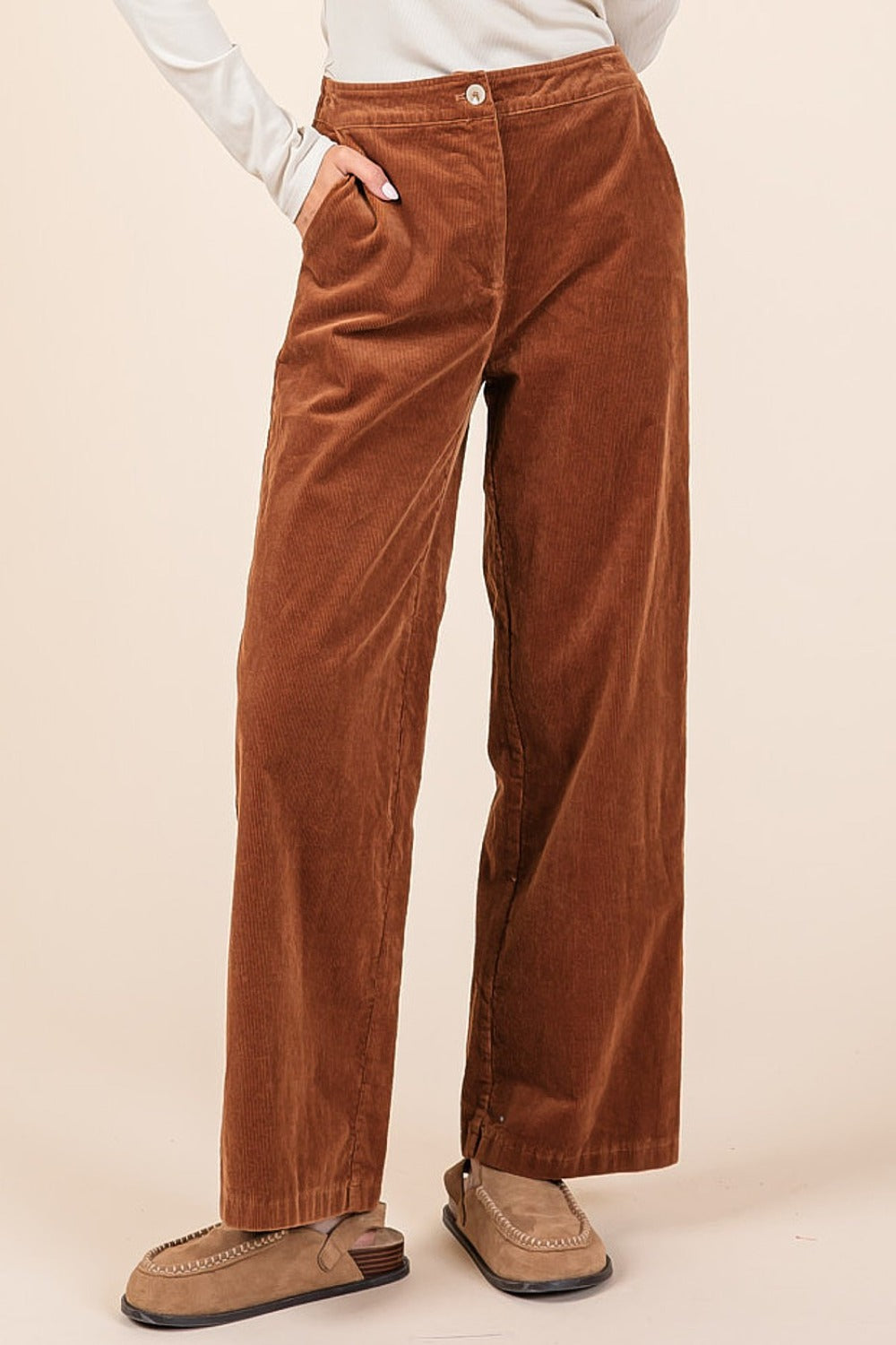 Mittoshop Corduroy Back Elastic Waist Pants Camel