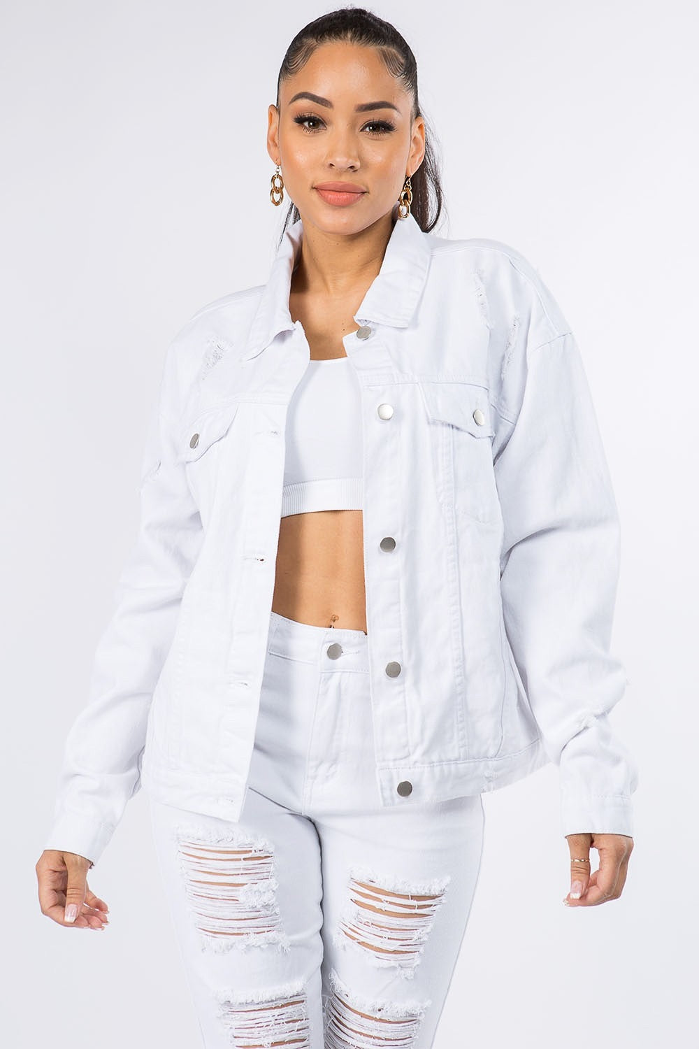 Women's Graphic Distressed Denim Jacket White