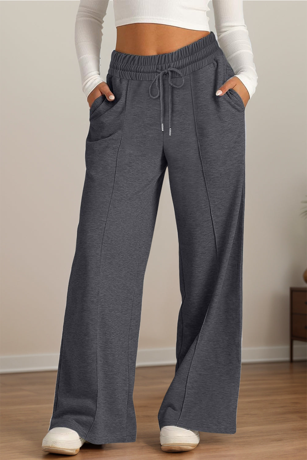 Drawstring Elastic Waist Wide Leg Pants Dark Gray