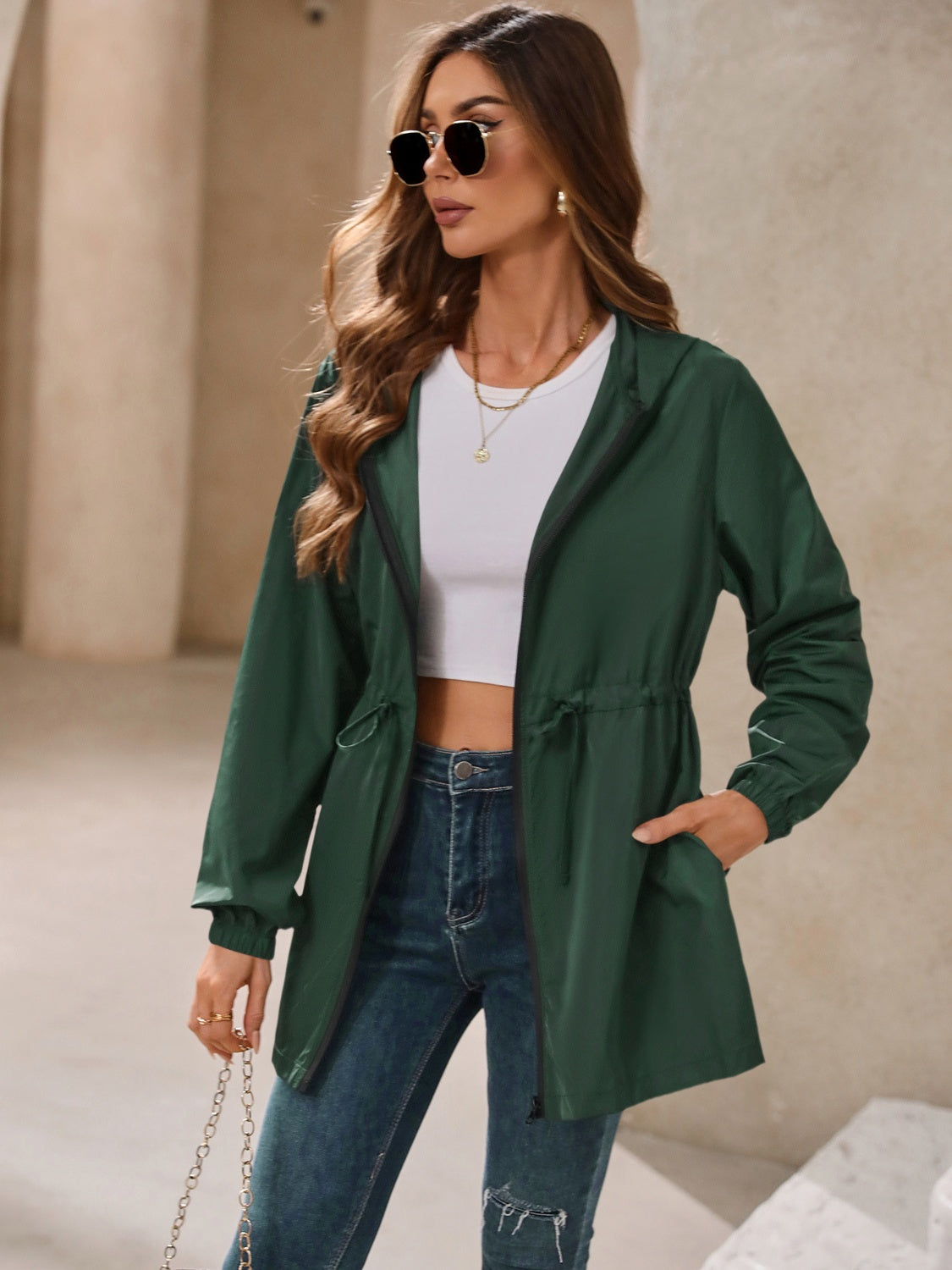 Waterproof Hooded Windbreaker Jacket Dark Green