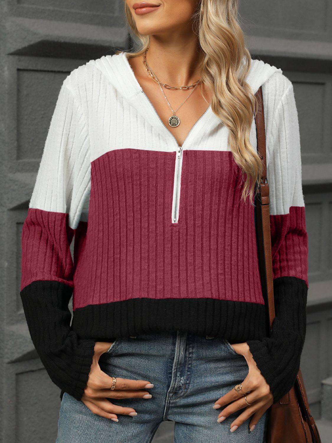 Color Block Hooded Long Sleeve T-Shirt Burgundy