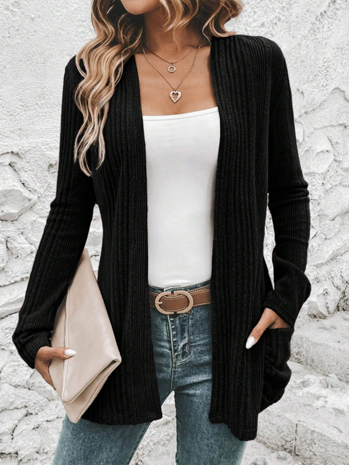 Pocketed Open Front Long Sleeve Cardigan Black