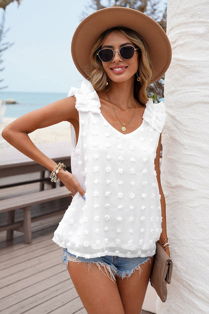 Full Size Swiss Dot V-Neck Tank White