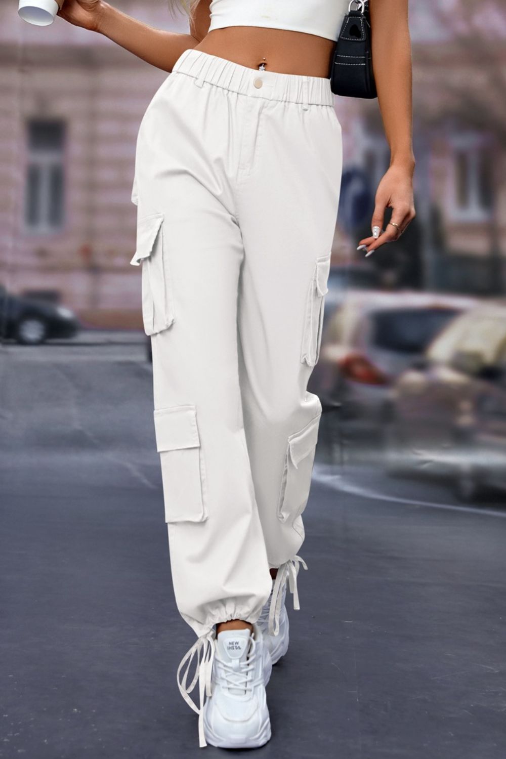 Elastic Waist Cargo Pants White