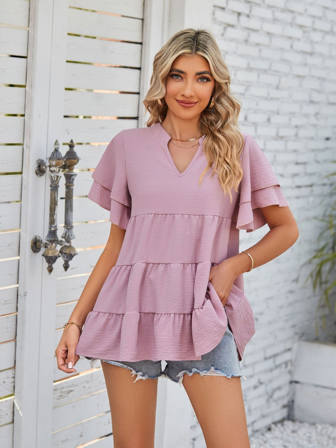 Tiered Notch Neck Blouse