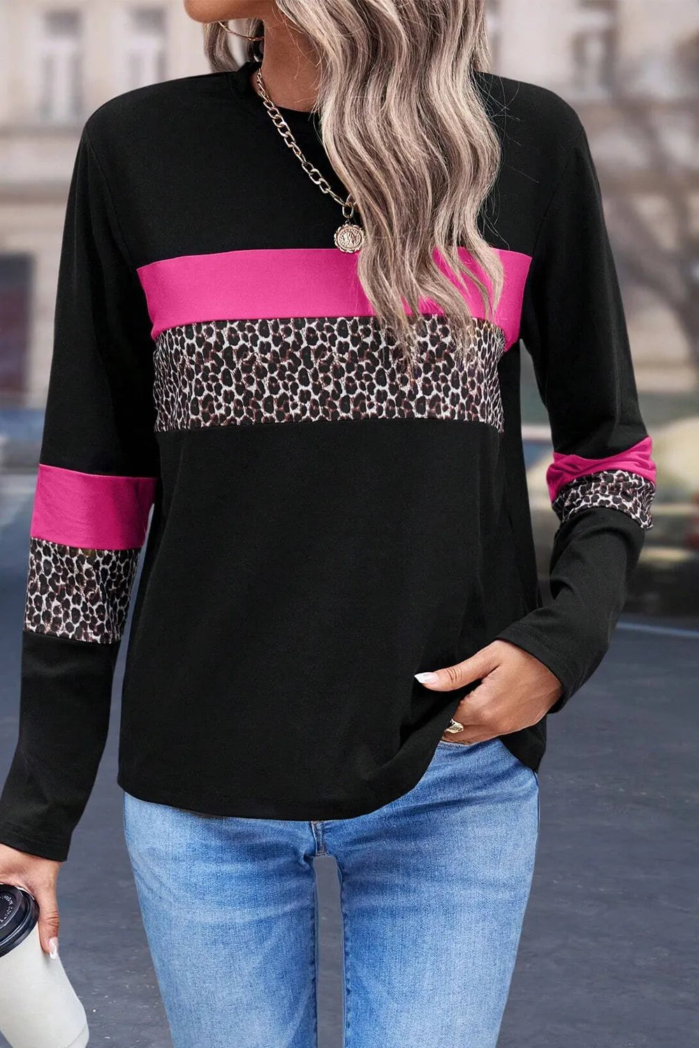 Leopard Round Neck Long Sleeve Blouse Fuchsia Pink