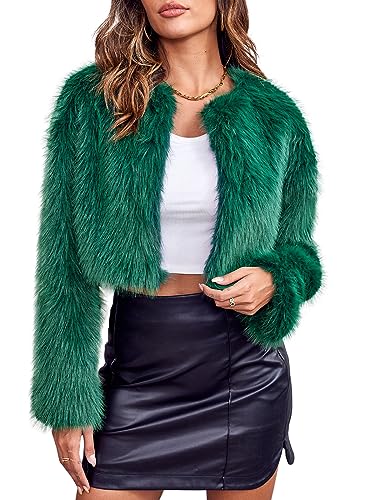 Hot Pink Fur Coat - Danedvi Womens Fashion Cropped Faux Fur Jacket Long Sleeve Open Front Cardigan Casual Fluffy Parka Shaggy Short Coat Dark Green