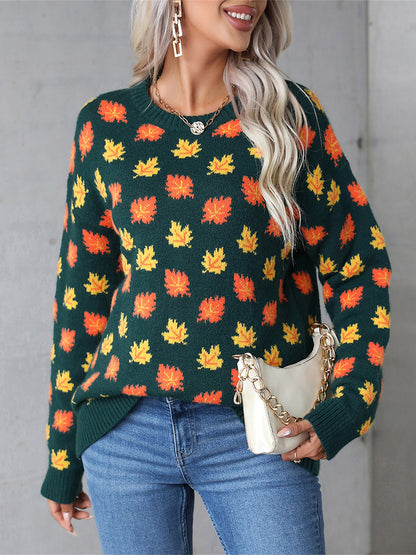 Angel Wings Maple Leaf Round Neck Long Sleeve Sweater Dark Green