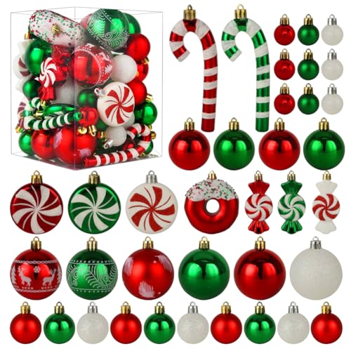 Christmas Tree Ornaments Green Red White Christmas Ball Ornaments Set of 60 Pack Shatterproof Plastic Xmas Decorations for Home Party Tree